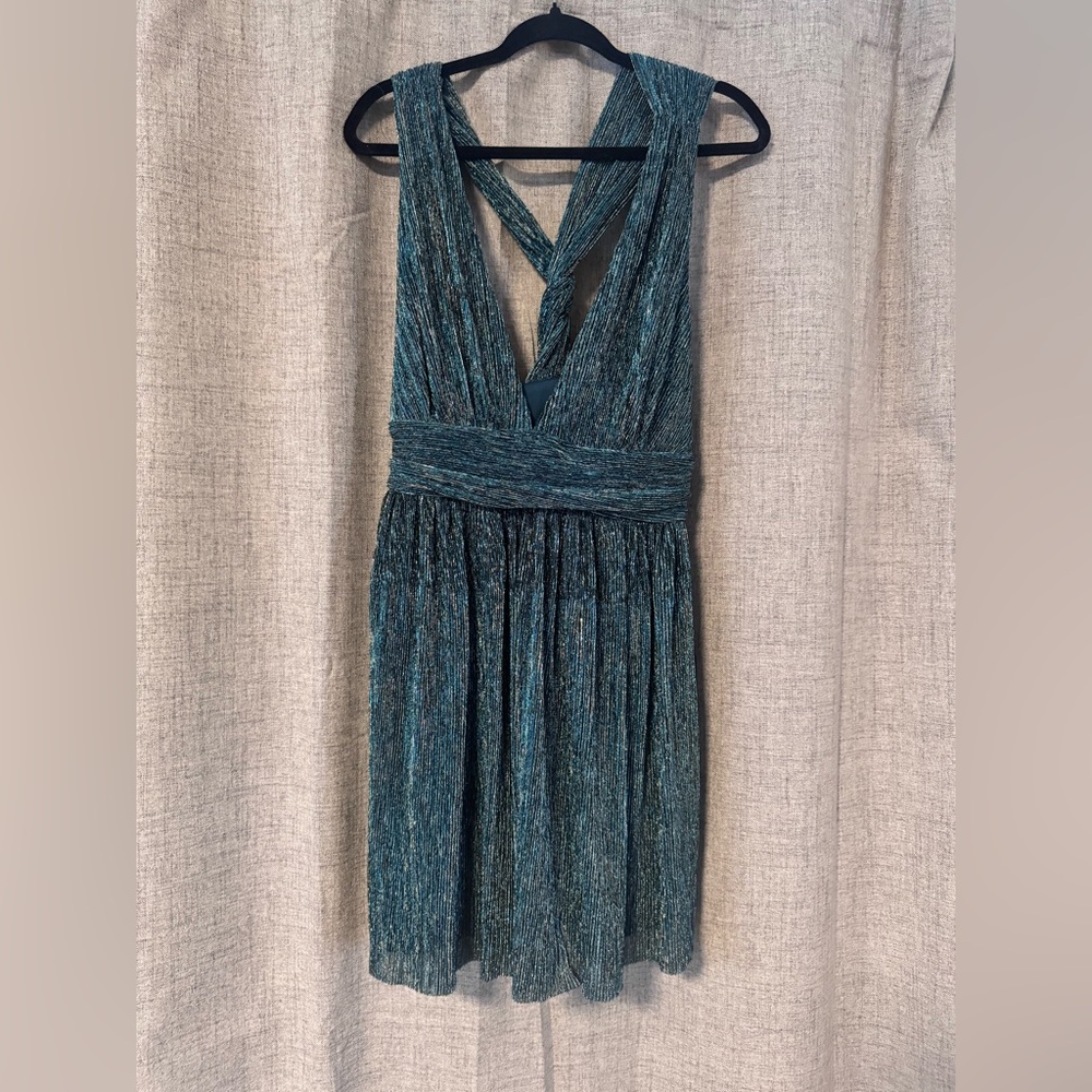 Lulu's Shimmering Teal Cross-Back Mini Dress